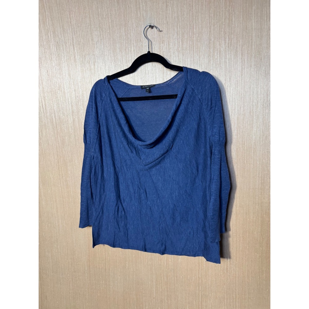 Eileen Fisher Blue Silk Linen Cowl Neck Sweater Womens Large 3/4 Raglan Sleeve
